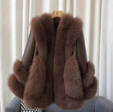 Genuine Fox Fur & Leather Jacket Women's - Heyfancystyle - Brown